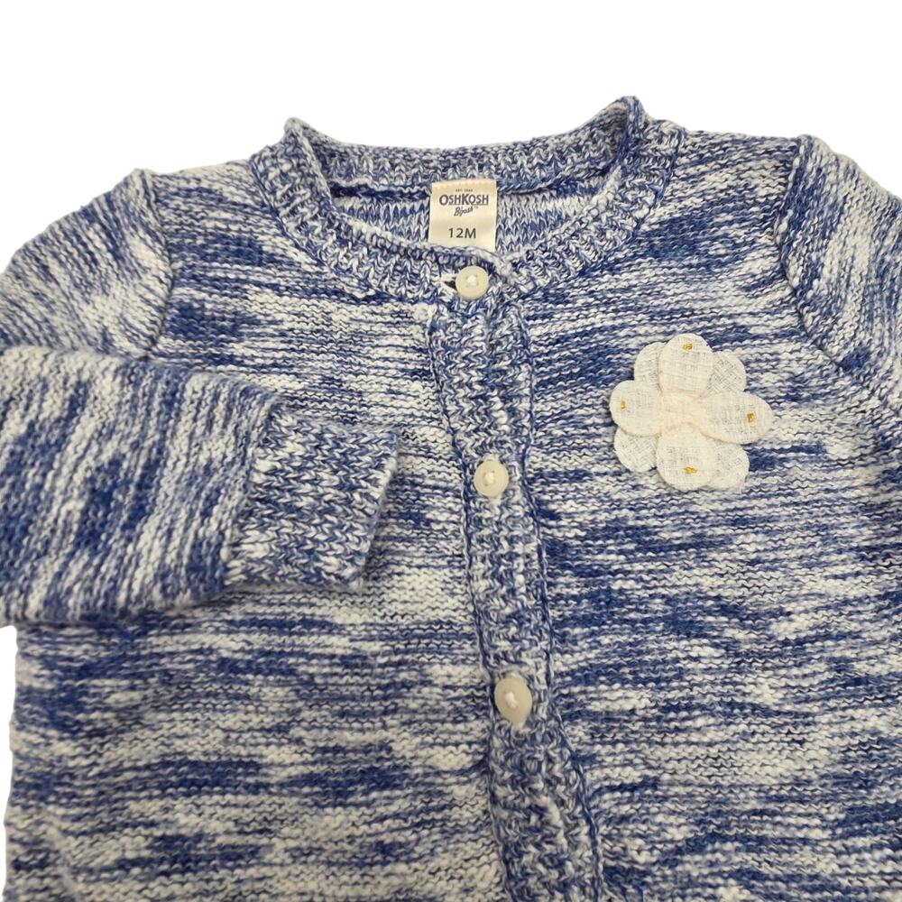 OshKosh‎ B'gosh Cardigan Sweater Baby Girl 12M Blue Excellent Space Dye Flower